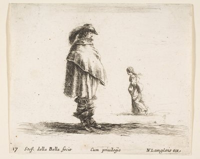 Plate 17: a man wearing a plumed hat in center facing right, a woman walking toward by Stefano della Bella