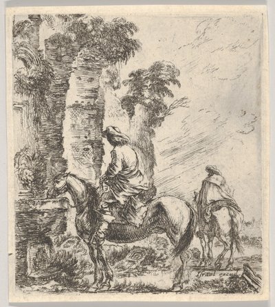 Plate 19: A Rider Making His Horse Drink from a Basin of a Fountain at Left, Another Horseman by Stefano della Bella
