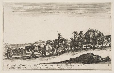 Plate 1: A horse drawn cart carrying people and goods, dead horse in the foreground by Stefano della Bella
