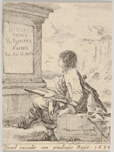 Plate 1: a young man sitting on a stone, facing left in profile, holding a drawing pad by Stefano della Bella