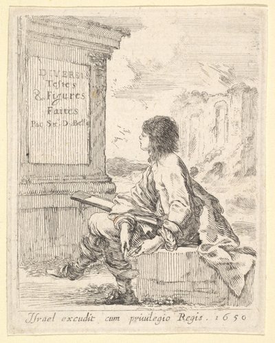 A Young Man Sitting on a Stone, Facing Left in Profile, Holding a Drawing Pad by Stefano della Bella