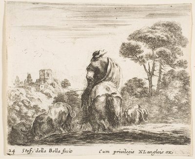 Herdsman atop a horse, seen from behind, leads his cattle down a hill by Stefano della Bella