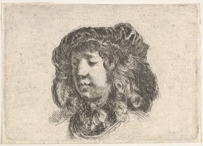 Plate 34: head of a young man in a cap adorned with a few feathers, turned three-quarters, ca. 1646 by Stefano della Bella