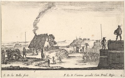 Plate 4: A military encampment with a soldier standing on a parapet to the right by Stefano della Bella