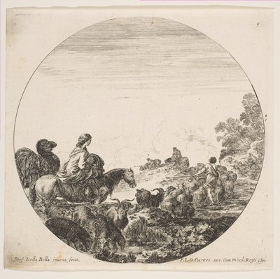 Plate 5: A Woman Carrying a Child on a Horse at Left, a Camel Following Her, a Herd of... by Stefano della Bella