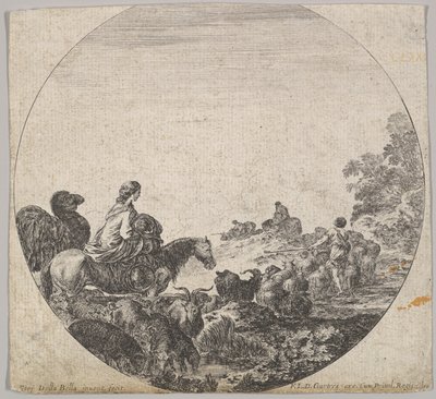 Plate 5: a woman carrying a child on a horse to left, a camel following her, a herd... by Stefano della Bella
