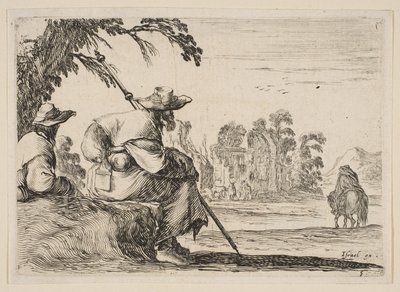 Two Pilgrims with Hats Rest to the Left, Seen from Behind, a Horseman Rides Toward by Stefano della Bella