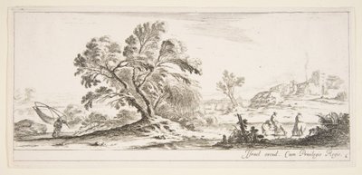 Plate 6: A Fisherman Carrying a Net to Left, Two Horsemen in a Stream to Right, a Tree by Stefano della Bella