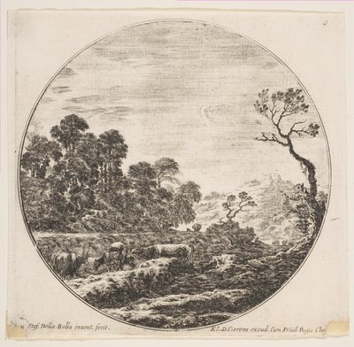 Cows Crossing a Valley at Left, a Horseman and Other Cows in the Background by Stefano della Bella