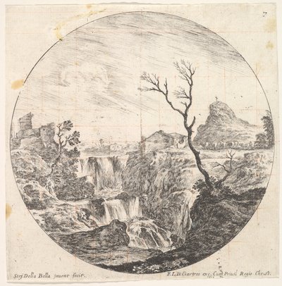 Plate 7: A Triple Waterfall, a Dead Tree to Right, a Mountain and a Herd of Cows by Stefano della Bella