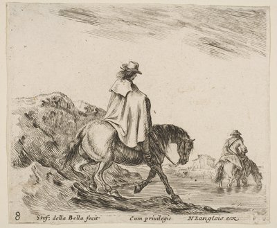 Plate 8: A Horseman Descends a Riverbank, Another Horseman in River to Right by Stefano della Bella