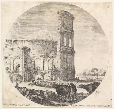 The Colosseum, Two Herds Being Directed Towards the Amphitheater in the Foreground... (detail) by Stefano della Bella