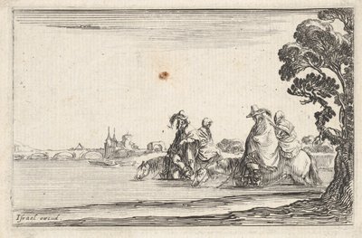 Plate 8: two horsemen in hats at right, each with a woman seated behind them, riding, ca. 1642 by Stefano della Bella
