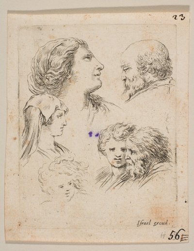 Plate 9: Five Heads, Two Young Women at Left, a Bearded Man at Upper Right, a Young Woman by Stefano della Bella
