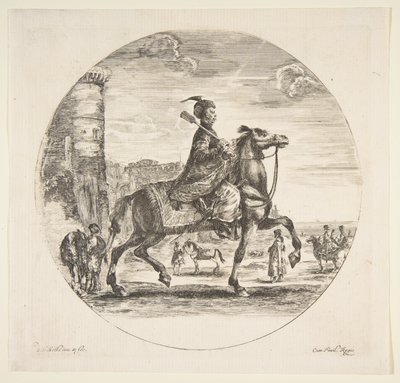 Polish Horseman in Profile Facing Right, a Tower and Other Figures on Horses in Background by Stefano della Bella