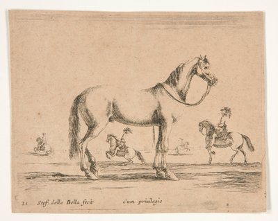 Riderless Horse, with Riders Doing Dressage in Background by Stefano della Bella