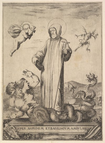 Saint Jean Gualbert Trampling a Monster with Two Human Heads and a Serpentine Body, a Flying Angel by Stefano della Bella
