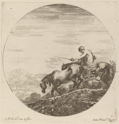 Shepherd on a Horse Driving a Herd of Various Animals by Stefano della Bella