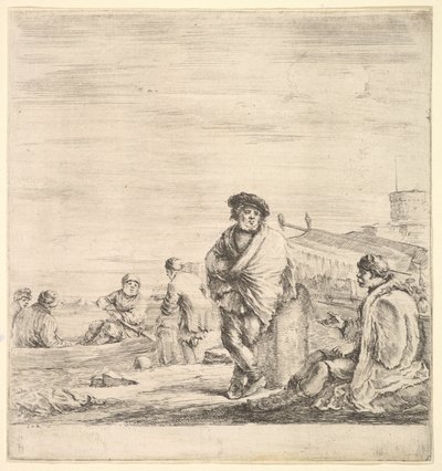 Standing sailor in center talking to a seated Levantine man to left, seen in profile by Stefano della Bella