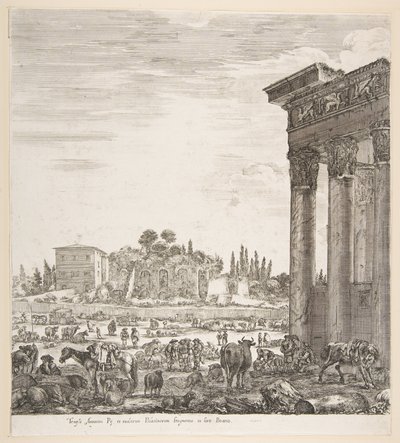 The Columns of the Temple of Antoninus to Right, a Part of the Campo Vaccino in Center by Stefano della Bella