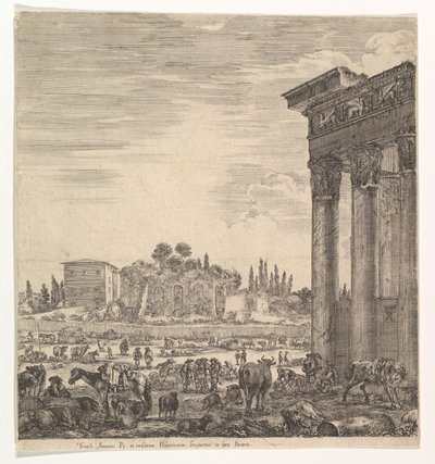 The columns of the Temple of Antoninus to right, a part of the Campo Vaccino in center by Stefano della Bella