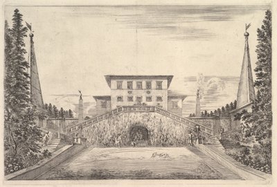 The Villa at Center Flanked by Four Obelisks, a Staircase to Either Side, a Statue, ca. 1653 by Stefano della Bella