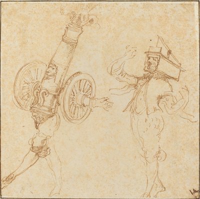 Two Men in Masquerade Costumes: A Cannon Firing and a Cat Inside a Mousetrap by Stefano della Bella