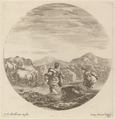Two Women Fording a Creek with a Herd of Cows by Stefano della Bella