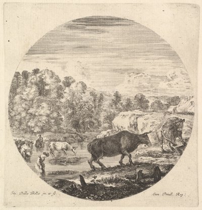 Two Cows in Center, Followed by Two Peasant Women and Other Cows in the River by Stefano della Bella