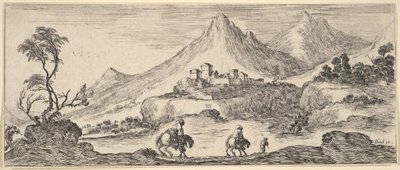 Two horsemen descend a hill in center, following another man on foot, a castle in the background by Stefano della Bella