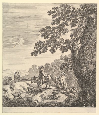 Two horsemen pass a flock, riding towards the left, a peasant woman and a young boy by Stefano della Bella