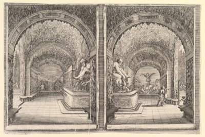 Two Views of a Grotto, Both Views with a Fountain with a Seated Statue by Stefano della Bella