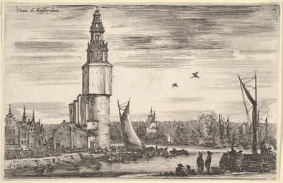 View of Amsterdam, a Tower and Houses to Left, Men Standing on the Pier by Stefano della Bella