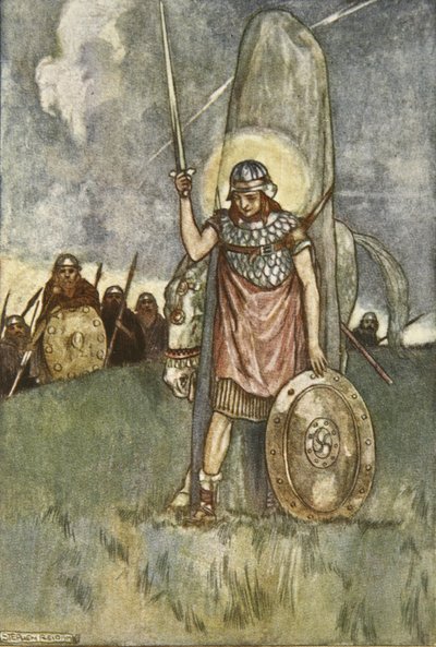 Cuchulain comes at last to his death, illustration from 