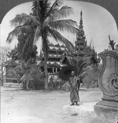 Buddhist monastery used as a priests home and school, Mandalay, Burma, 1908 by Stereo Travel Co