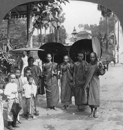Buddhist Monks with Sunshades and Fans, Rangoon, Burma, 1908 by Stereo Travel Co
