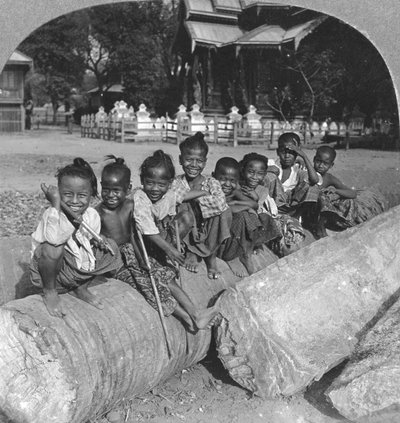 Burmese Children Sitting on a Palm Log, Burma by Stereo Travel Co