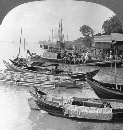 Looking up the Irrawaddy River, Rangoon, Burma, 1908 by Stereo Travel Co