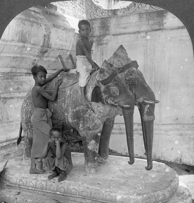 Three headed elephant guarding a sanctuary, Arakan Pagoda, Mandalay, Burma by Stereo Travel Co