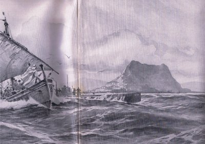 German submarine travelling through the straits of Gibraltar on the way to the Dardanelles, from The Illustrated History of the World War 1914-1915 by Willy Stoewer 