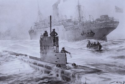 Sinking of the British merchant ship Linda Blanche by German submarine U-21 off Liverpool, World War I, 30 January 1915 by Willy  Stoewer 