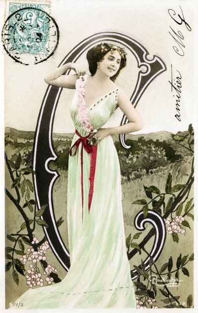 Bianca Toledo, Artist, Singer and Sevillan Dancer from La Belle Epoque - Casino de Paris, Folies Bergere, Jardin de Paris - Alphabet in Postcard by Studio Reutlinger