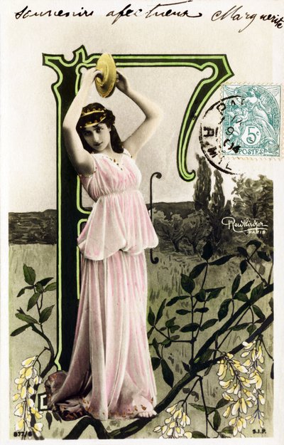 F: Mlle Beauregard, artist from 1900s - Alphabet in postcard by Studio Reutlinger
