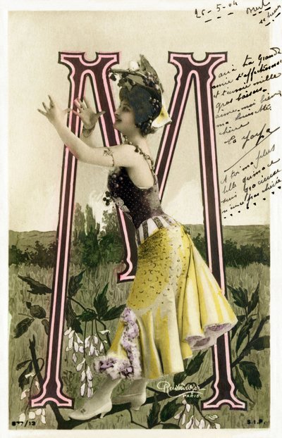 M: Mlle Marville, artist from 1900s - Alphabet in postcard by Studio Reutlinger