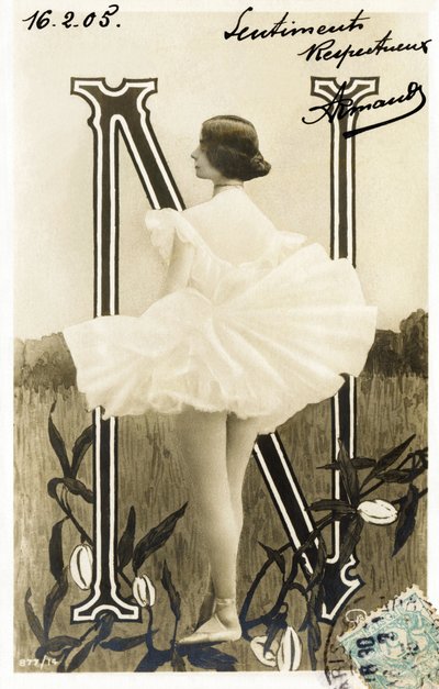 N: Cleopatre Diane de Merode, called Cleo de Merode, dancer from the Belle Epoque, trained at the Opera de Paris - Theatre des Folies Bergere, Paris - Alphabet in postcard by Studio Reutlinger