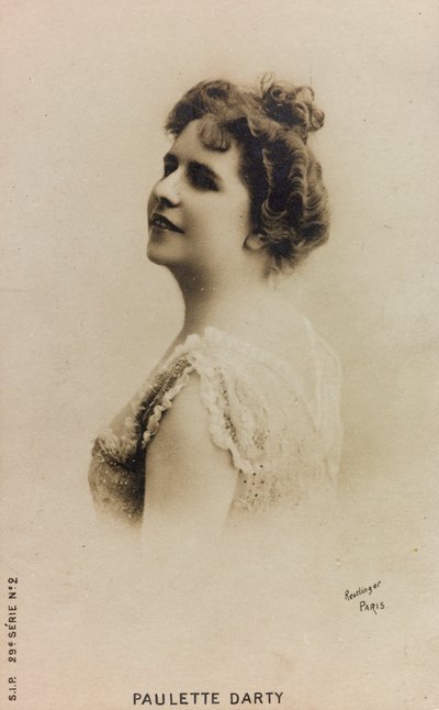 Portrait of the French singer Paulette de Bardy, known as Paulette Darty; postcard by Studio Reutlinger