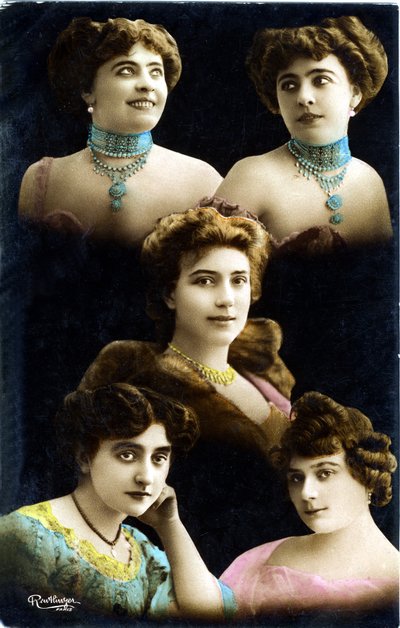 Postcard early 20th century: mosaic of faces of 5 young women (photo) by Studio Reutlinger