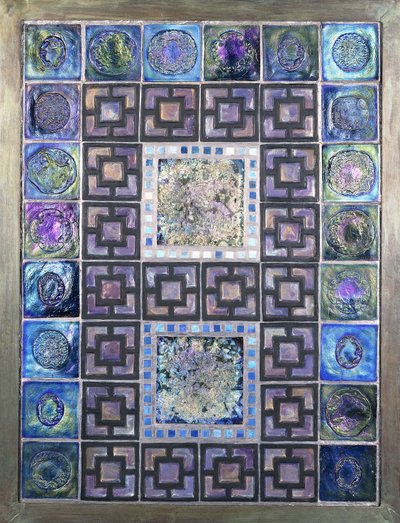 A Favrile glass tile panel, molded with flowers and geometric designs, 20th century by Studios Tiffany