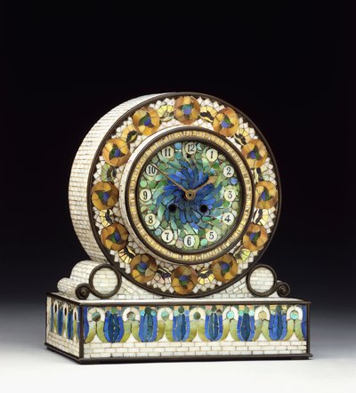 A Bronze-Mounted Mosaic Favrile Glass Mantel Clock, 20th Century by Studios Tiffany