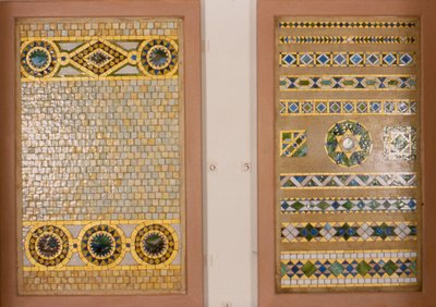 Tiffany mosaic glass, left: for the Citizens Bank, Ohio, right: for the First National Bank by Studios Tiffany